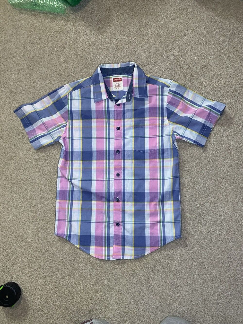 Wrangler Boys Plaid Short Sleeve Button Up Shirt Size L 10/12